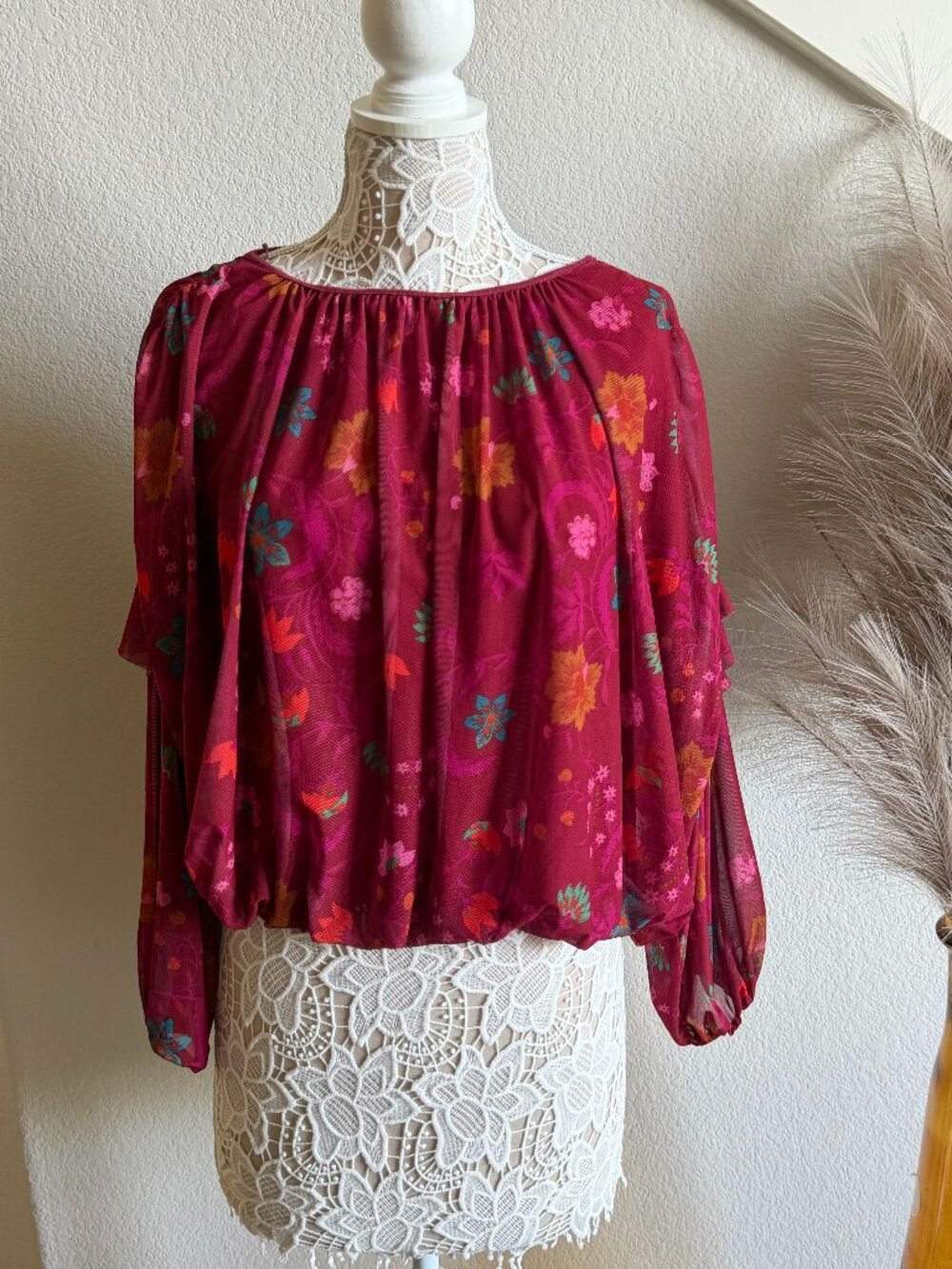 Free People Sheer Floral Mesh Blouse Top - M